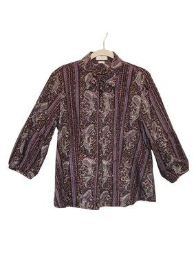 Van Heusen Women's Raglan Sleeve Paisley Button Up Shirt in Purple - Size L